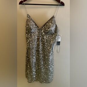 Arianna Papell Full Sequin Dress spaghetti straps Silver Size 12 Gorgeous.